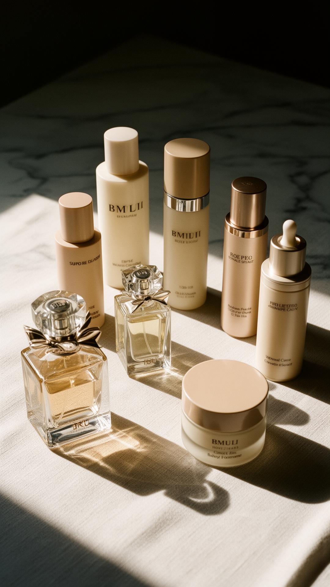 Curated arrangement of premium European cosmetics and fragrance bottles